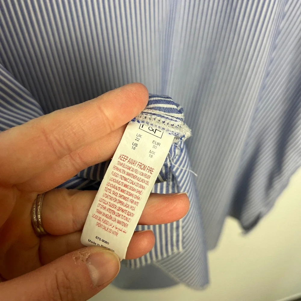 F&F Blue White Stripe Collared V Neck Roll‎ Tab Sleeve Tunic Shirt Top Womens 18